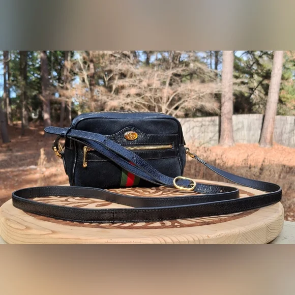 Gucci Black Suede Patent Leather Web Mini Ophidia Shoulder Crossbody Bag